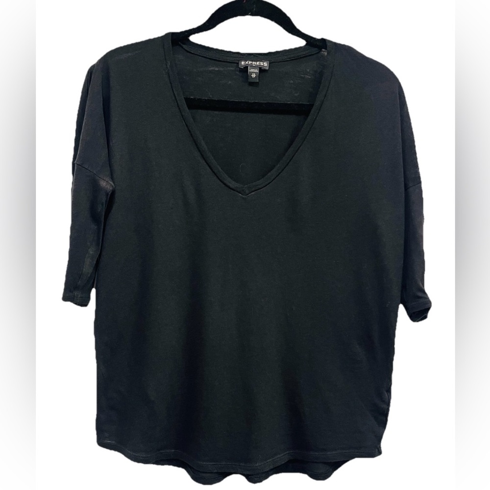 Express Women’s Black V-Neck Criss Cross Ladder Sleeves Relaxed T-Shirt XS